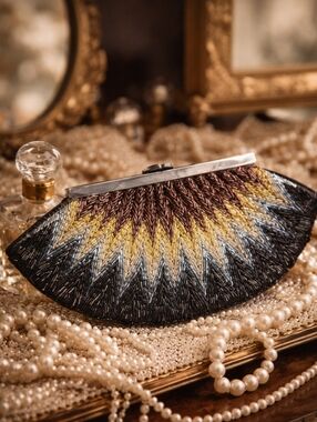 Vintage MAX New York Beaded Evening Clutch Multicolor Chevron Art Deco Style